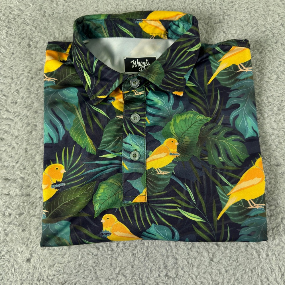 Waggle Mens Golf‎ Polo Shirt Medium Tropical Bird Leaf Performance Stretch - Picture 9 of 9